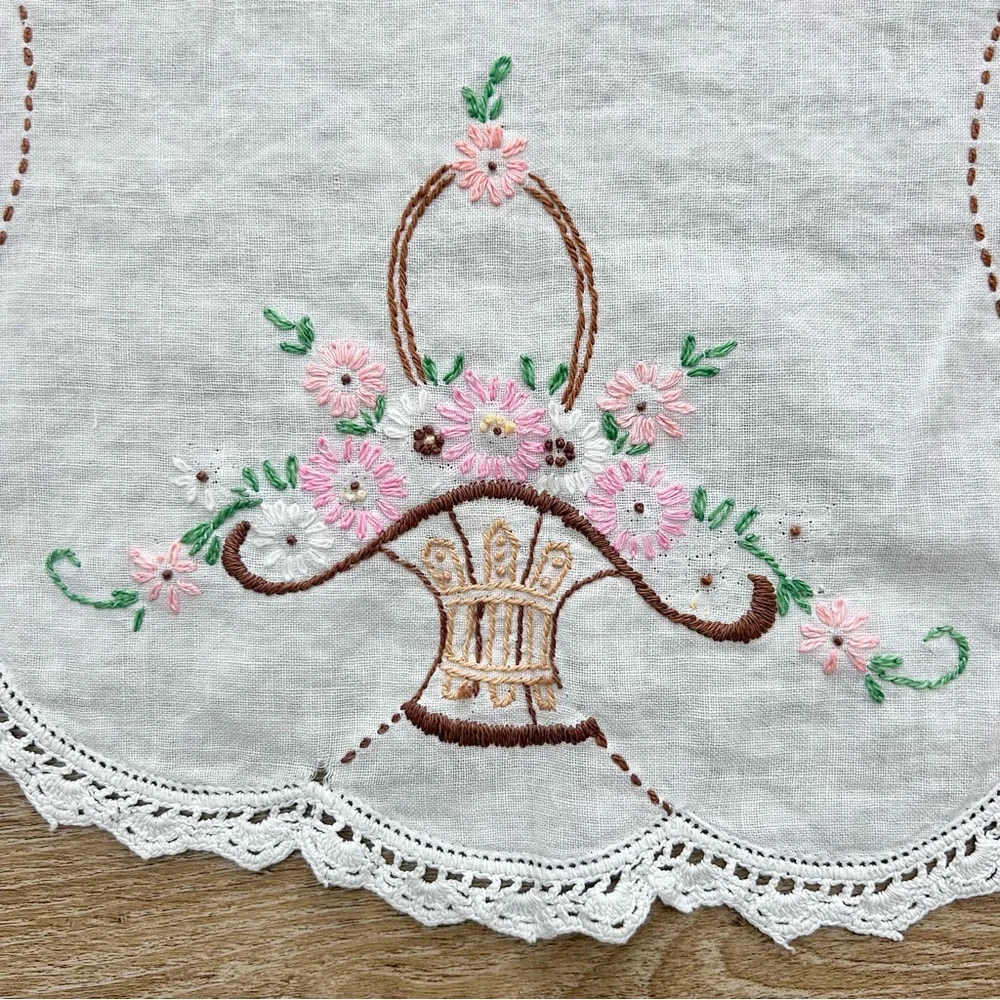 Vintage Embroidery Table Dress Runner‎ Doilies Set of 2 Floral Basket Crochet